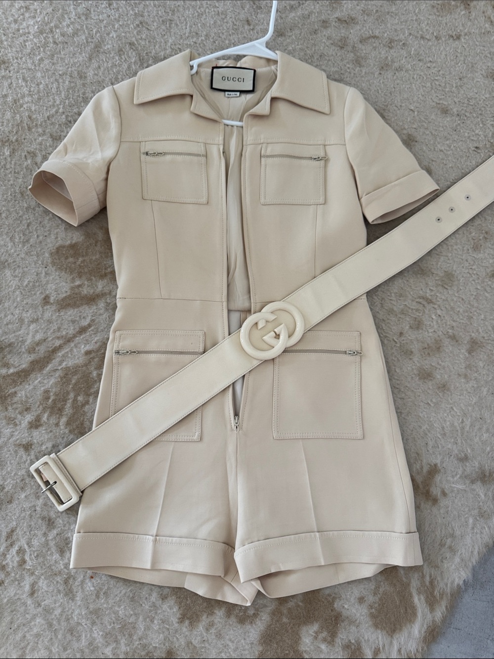 Gucci Cream Leather Short Romper with Logo Buckle Belt